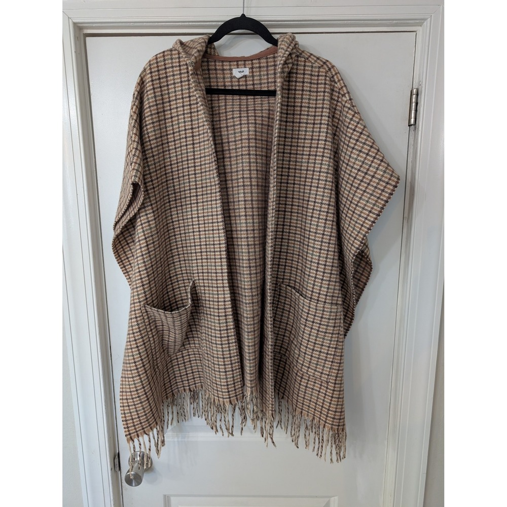 Aerie Brown Plaid Hooded Poncho Wrap Fringe Pockets OS Womens lounge fleece‎